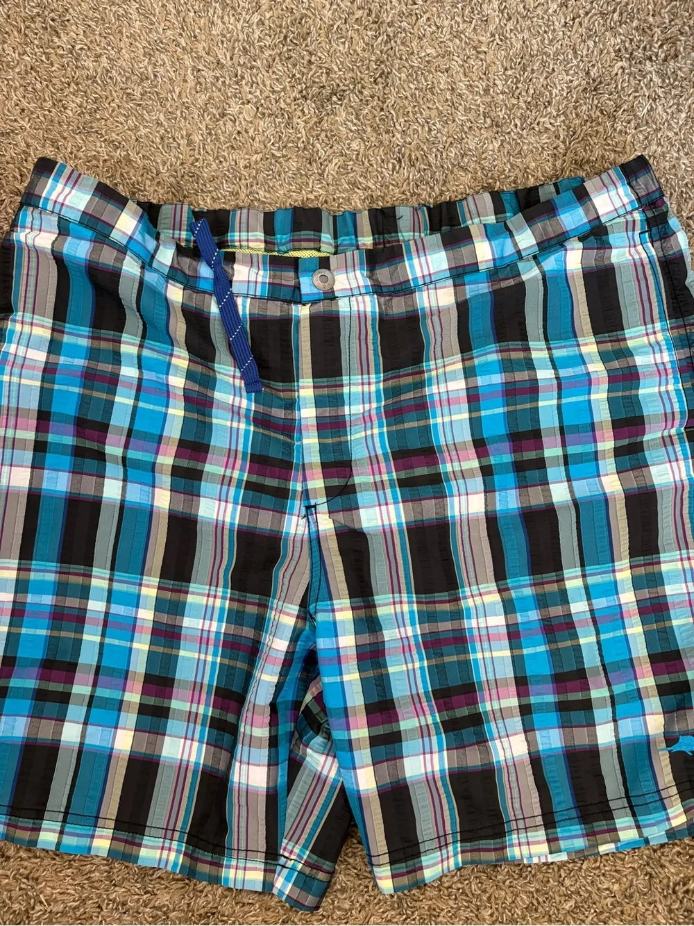 Tommy Bahama Relax Swim Trunks Mens XL Blue Teal Purple Plaid Yellow Lined - Picture 2 of 6